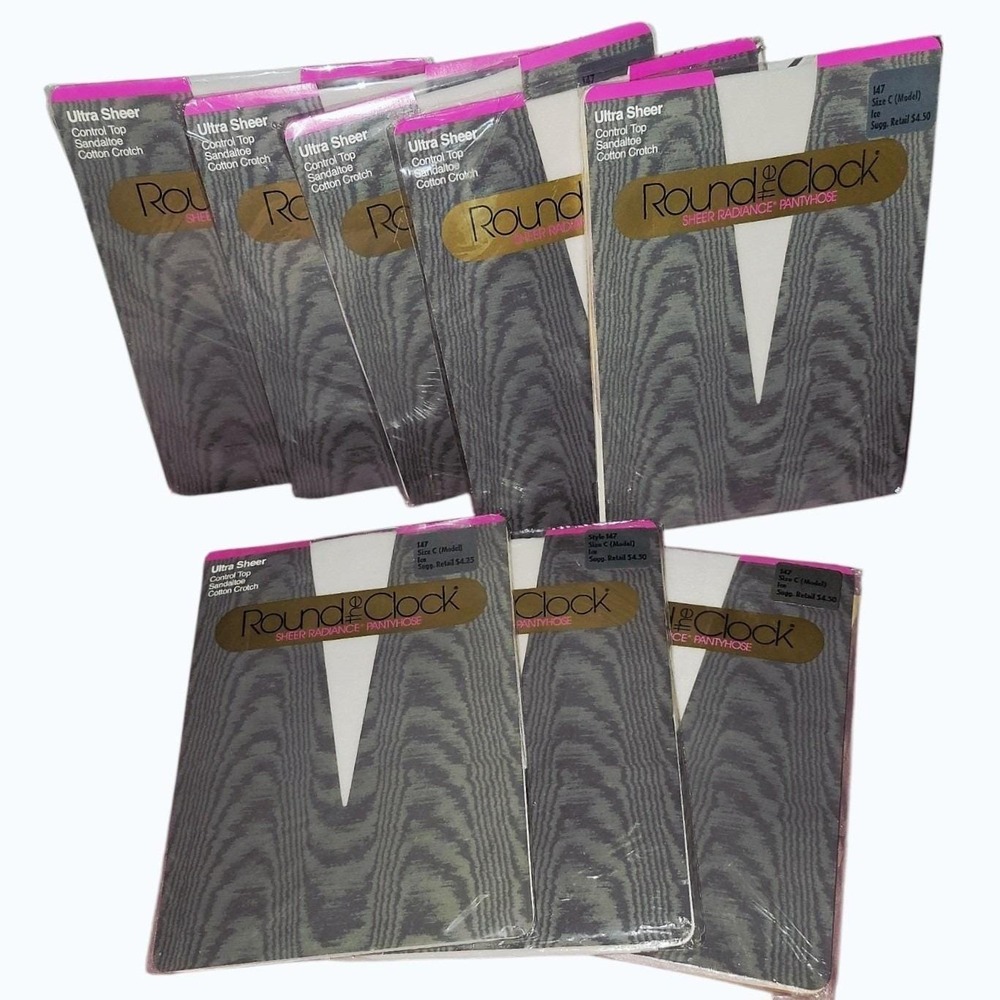 Vintage Round the Clock Pantyhose Lot 8 Size‎ C Ice Ultra Sheer Control Top NOS
